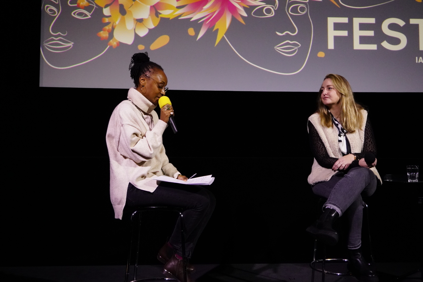 Conversations and encounters: Festival director Marilyn Umurungi (left) in conversation.